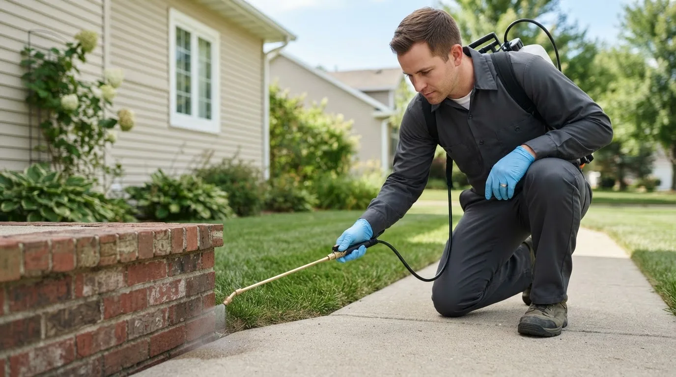 Pest control technician treating a home near Dillsboro, IN